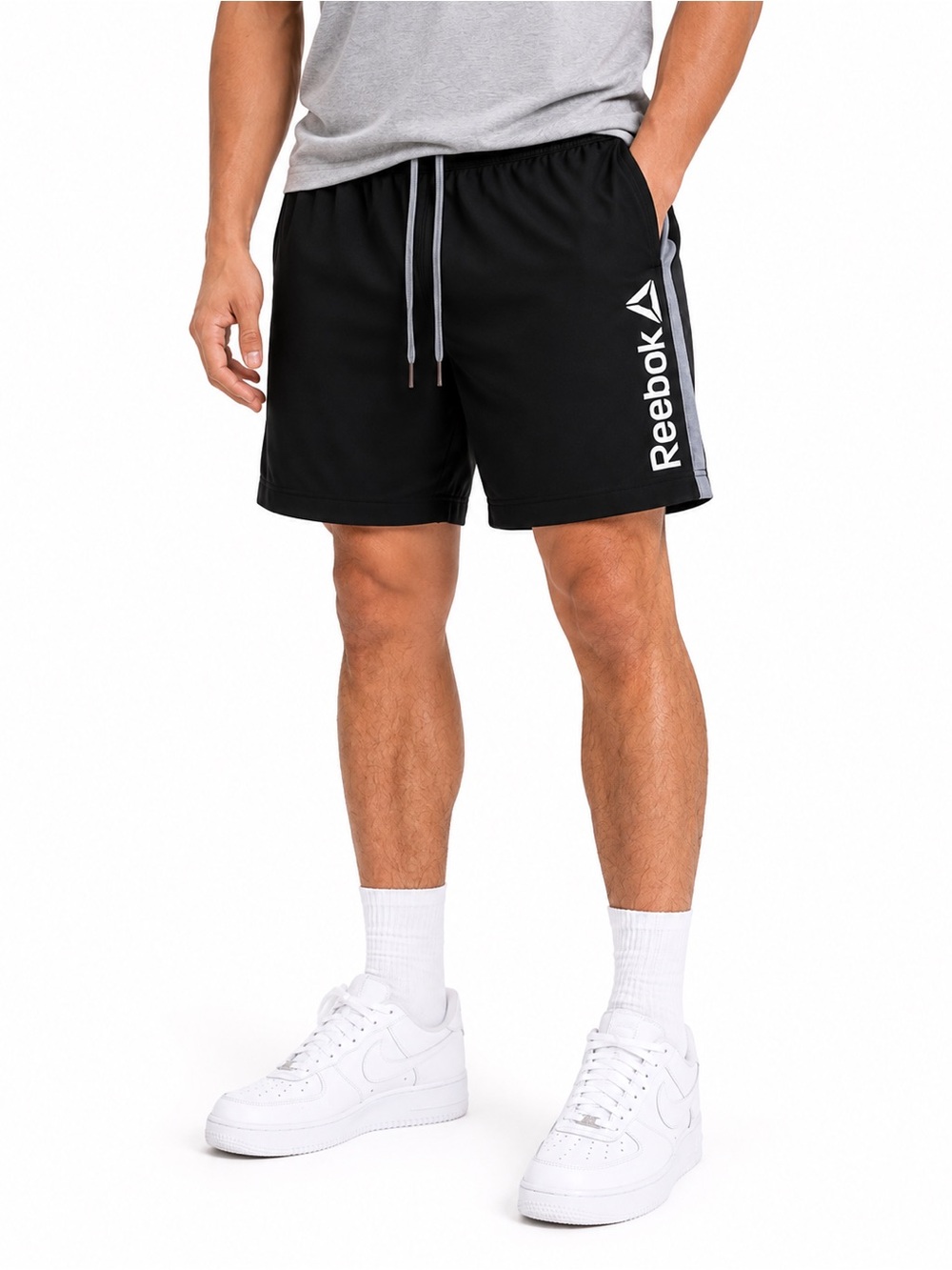 Reebok Men’s Black Athletic Training Shorts Gray Side Stripe Drawstring Size M
